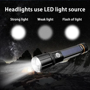 10000LM Světlé Solární/ USB Nabíjecí LED Svítilna, Použití 18650 Baterie Dobíjecí Ruční Světlo Vodotěsné Pochodeň Camping Svítilna