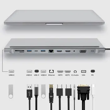 12-in-1 Type-C HUB 4K Docking station dual HDMI-kompatibilní RJ45 Gigabit Lan PD Laptop, Dokovací Stanice Vysoké Kvality