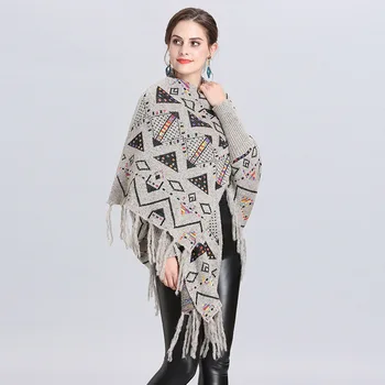 2019 Mimo Streetwear Geometrické Tištěný Plášť Zimní Tlusté Pletené Pončo Střapec Ženy Dlouhý Rukáv Teplý Šál Pashmina