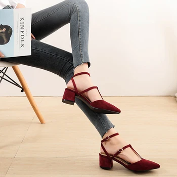 2020 Nové Módní Ženy Sandály Špičaté Toe Tlusté Semiš Jediné Boty T-tvaru Horní Přezka Mělké v Ústech Ženy Boty