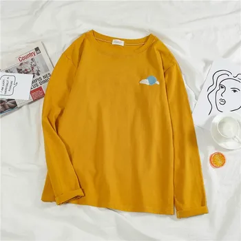 2020 Nové Ženy Volné Počasí Vzor Vyšívané T-Košile Pevné Dna Dlouhý Rukáv Ležérní Korejský Styl Plus Velikosti Topy Tees