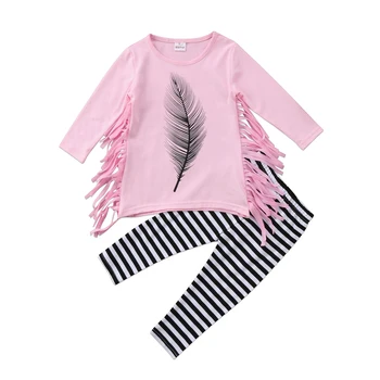 2020 Podzim Baby Girls Oblečení Set děti Děti Dívka Peří Tisk Střapec Růžový Top + Pruhované Kalhoty Oblečení Set 2ks Oblečení 2-7T