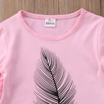 2020 Podzim Baby Girls Oblečení Set děti Děti Dívka Peří Tisk Střapec Růžový Top + Pruhované Kalhoty Oblečení Set 2ks Oblečení 2-7T