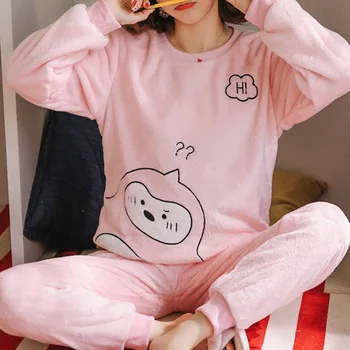 2020 Winter Pyžamo Ženy Korejské Oblečení Na Spaní Roztomilý Karikatura Flanelové Pyžamo, Samet Teplé Pijama Kolem Krku Pyjama Oblečení Pro Volný Čas Ženy