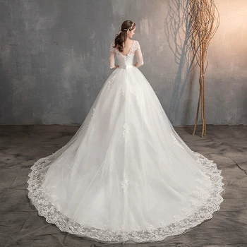 2021 Nové V Krku Polovina Rukáv Svatební Šaty Dlouhé Krajkové Výšivky Vlak Svatební Šaty Elegantní Plus Velikosti Vestido De Noiva