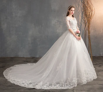 2021 Nové V Krku Polovina Rukáv Svatební Šaty Dlouhé Krajkové Výšivky Vlak Svatební Šaty Elegantní Plus Velikosti Vestido De Noiva