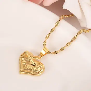 24 K Žluté Zlato Naplněné LÁSKY Krásné Srdce Náhrdelník s Přívěskem Náušnice set Žen šperky sady PNG Dubaji nejlepší dárek