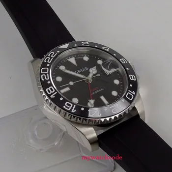40mm Parnis černý ciferník Safírové sklo gumový pásek červené GMT automatické pánské hodinky