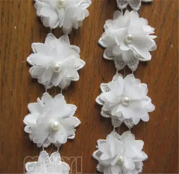 50x Bílý Květ Šifon Pearl Vyšívané Krajky Trim Pásu Tkaniny, Ručně DIY Šití Plavidla Pro Kostým, Klobouk, Boty Dekorace