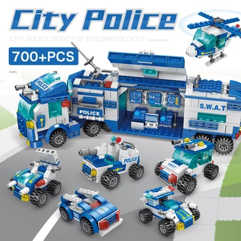 700+Ks 27style Robota Letadlo Auto Městské Policie, Stavební Bloky, Sady DIY Tvůrce vojenské Cihly Multi-scény transformace Hračky