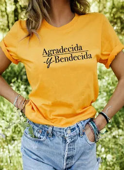 Agradecida Y Bendecida Tisknout Nové Příjezdu Dámské Letní Legrační Ležérní Bavlněné Tričko španělské košile roztomilé latina košile