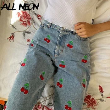 ALLNeon E-Kawaii holka Cherry Výšivky Maminky Džíny Y2K Módní Vysoké Pasu Džínové Dámské Slim Kalhoty 90. let Streetwear Sladké Spodní