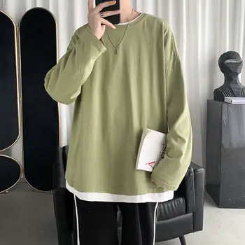 Bavlna Falešné dvoudílné Tričko Muži Módní Příležitostné O-neck Svetr T-shirt Pánské Streetwear Korean Loose s Dlouhým rukávem Tričko Pánské
