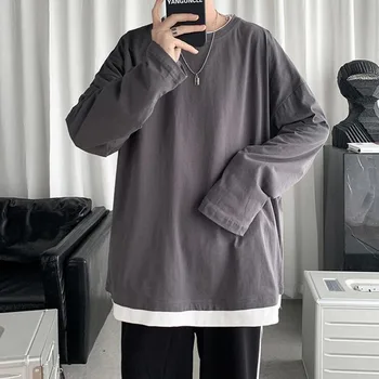 Bavlna Falešné dvoudílné Tričko Muži Módní Příležitostné O-neck Svetr T-shirt Pánské Streetwear Korean Loose s Dlouhým rukávem Tričko Pánské
