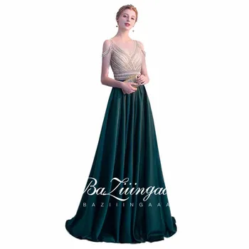BAZIIINGAAA Jednoduché Saténové Zelené Večerní Šaty bez Rukávů V-Neck Korálkový Design Vhodný pro Formální Večerní Plus Velikosti Dresss