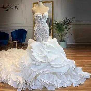 Casamento 2019 Jiskru Crystal Mermaid Svatební Šaty Spodní Svěží Volánky Svatební Šaty Zlatíčko Krajky Vestido De Noiva