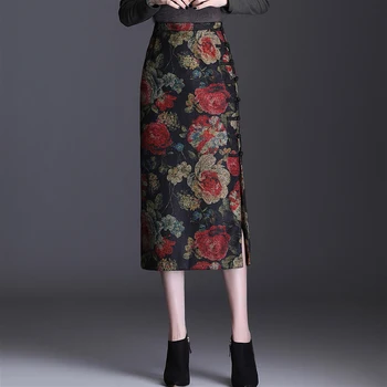 COIGARSAM 4XL Plus Velikosti Vintage Ženy Vlněné Sukně Print Vysokým Pasem Sukně Listy Růže 9185