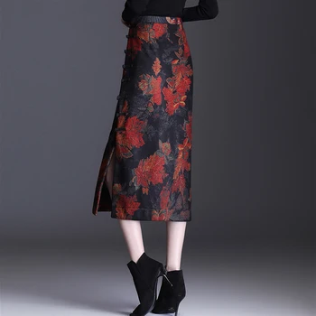 COIGARSAM 4XL Plus Velikosti Vintage Ženy Vlněné Sukně Print Vysokým Pasem Sukně Listy Růže 9185
