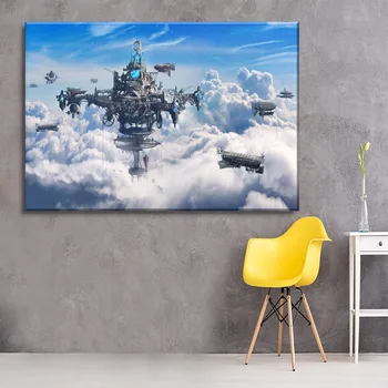 Domů Dekorativní HD Vytisknout Obraz 4 Kus Modré Oblohy, Sci Fi, Steampunk Města A Vzducholoď Nástěnné Malby Umění Modulární Plátno Plakát