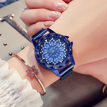 Dámské Modré Hodinky Quartz Módní Lucky Lady Rotující Magnetické náramkové Hodinky Ženy Luxusní Crystal Vodotěsné Hodiny zegarek damski