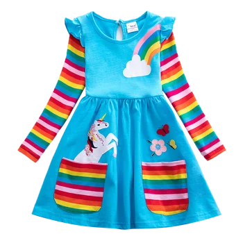 Dívky Léto Dlouhý Rukáv Vyšívané Šaty Rainbow Rukávu Kapsa Holky, Párty, Ležérní Vnější Šaty 81035