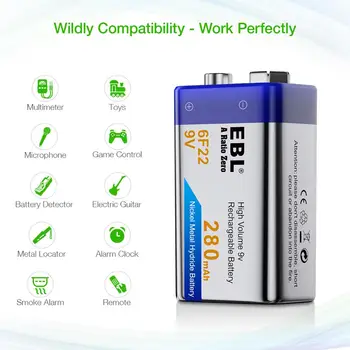 EBL 9V Baterie 280mAh Nabíjecí-Baterie 9 Volt Li-ion Baterie Pro mikrofon, bezdrátový mikrofon, alarm