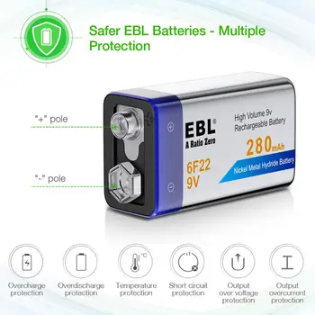 EBL 9V Baterie 280mAh Nabíjecí-Baterie 9 Volt Li-ion Baterie Pro mikrofon, bezdrátový mikrofon, alarm