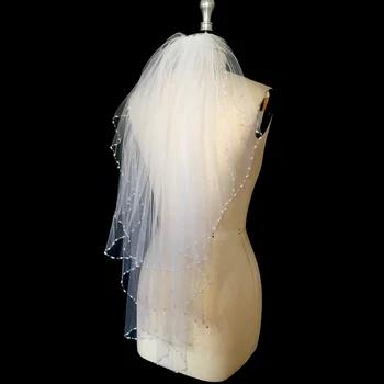 Elegantní Perly Vroubkované Svatební Závoj Krátký 2 Vrstvy Bílá Slonová Kost Tyl Ženy Svatební Závoj Příslušenství
