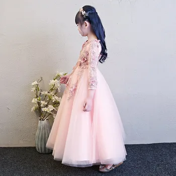 Elegantní Růžový Tyl Květina Dívka Šaty pro Svatby, Dlouhý Rukáv, Nášivky Děti Party Plesové Šaty První Přijímání Šaty Princezna
