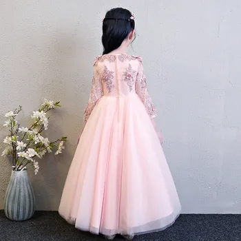 Elegantní Růžový Tyl Květina Dívka Šaty pro Svatby, Dlouhý Rukáv, Nášivky Děti Party Plesové Šaty První Přijímání Šaty Princezna