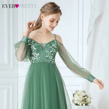Elegantní Zelená Plesové Šaty Ever Pretty EP00746GB Zdobený Nášivky V-Neck Špagety Popruhy Tyl Party Šaty Vestidos Elegantes