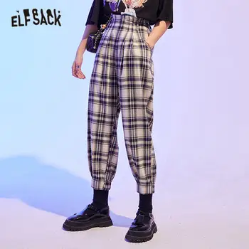 ELFSACK Modré Kostkované Britské Rovné Ženy Ležérní Harem Kalhoty 2020 Podzim ELF Vintage Vysokým Pasem korejský Dámy Kalhot, Denní