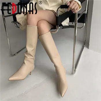 FEDONAS Elegantní Knee Vysoké Boty Pro Ženy Široký Nohou Špičaté Toe Boty Ženy, Podpatky 2020 Podzim Zimní Svatební Vysoké Podpatky Boty