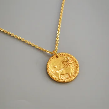Francouzský styl malé klasické úlevu zlaté mince statečný lev mosaz retro Zlatý Přívěsek Náhrdelník