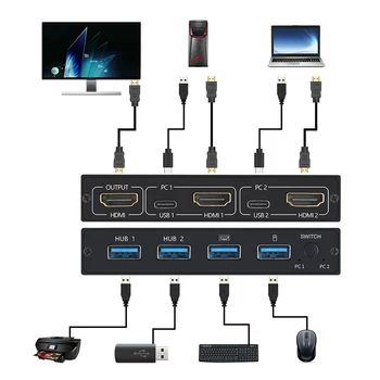 HDMI KVM Přepínač 2 Port 4K Domácí Počítačové Příslušenství pro 2 PC Sdílení Jednoho Monitoru, Klávesnice, Myši, Tiskárny