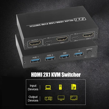 HDMI KVM Přepínač 2 Port 4K Domácí Počítačové Příslušenství pro 2 PC Sdílení Jednoho Monitoru, Klávesnice, Myši, Tiskárny
