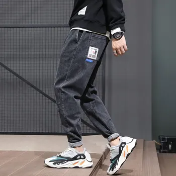 Japonský Módní Muži Džíny Černé Barvy Loose Fit Sestříhané Džínové Harémové Kalhoty Elastický Pás Designer Streetwear, Hip Hop Džíny Muži