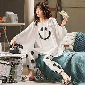 Jarní a Podzimní Domácí Oblečení pro Ženy, Móda Smiley Tisk Pyžama pro Ženy Bavlna oblečení na Spaní Set Pyžama Ženy, Sexy Pyžama