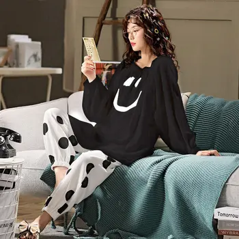 Jarní a Podzimní Domácí Oblečení pro Ženy, Móda Smiley Tisk Pyžama pro Ženy Bavlna oblečení na Spaní Set Pyžama Ženy, Sexy Pyžama