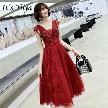 Je to Yiiya Prom Šaty Plus Velikost Elegantní vestidos de gala Burgundy V-neck bez Rukávů Krátké Ženy Formální Šaty 2020 E1283