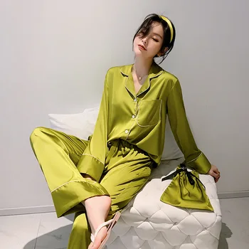 Korea Hedvábí Saténové Pyžama Sady pro Ženy Luxusní Dlouhý Rukáv Pyžama Nadměrných oblečení na Spaní 2ks Tlačítko Pyžamo s Tašky Sexy oblečení pro volný čas