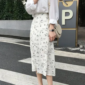 Květinové sukně letní korejské Ženy Ležérní vysokým pasem Sukně Streetwear Šňůrky Elastickým Pasem Midi Sukně