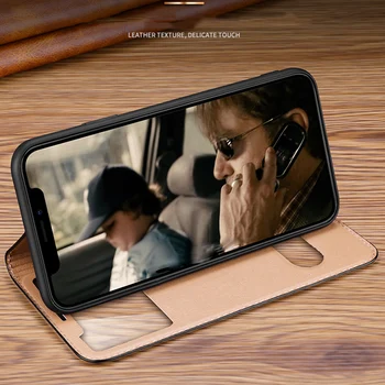 Luxusní Litchi Textura Pravé Kůže Flip Pouzdro Pro iPhone 11 Pro 12 mini Max 7 8 Plus X XS XR Pohled z Okna Stojí Coque