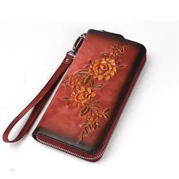 MAHEU rostlinným vyčiněné kůže dlouho peněženka lady flower ozdobte kůže dlouho kabelku jeden zip karta peněženka pro 6 palcový iphone
