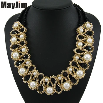 MayJim Prohlášení náhrdelník náhrdelník Módní Ženy robustní Zlatý Řetěz Crystal Simulované pearl Korálky obojek Náhrdelníky & Přívěsky Bijoux