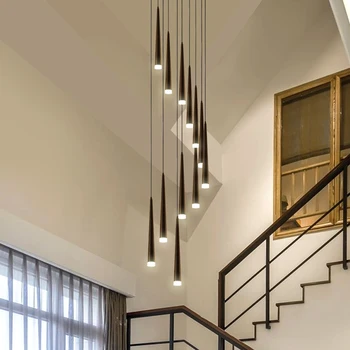 Moderní schodiště, velký Lustr Nordic Jednoduché Restaurace Černé dlouhé trubice LED Závěsné svítidlo Chodby balkon Osvětlení