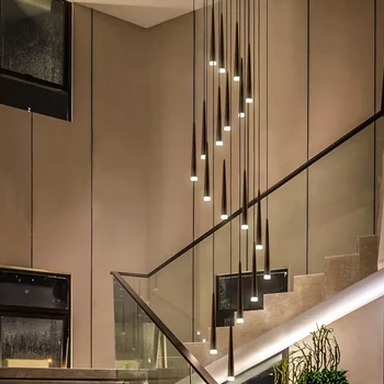 Moderní schodiště, velký Lustr Nordic Jednoduché Restaurace Černé dlouhé trubice LED Závěsné svítidlo Chodby balkon Osvětlení