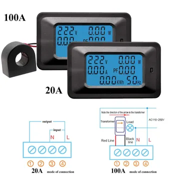 Multi-Funkce Power Monitor 20A 100A Digital AC 110~220V Napětí Napájení Monitoru účiník Frekvence Energie Metr