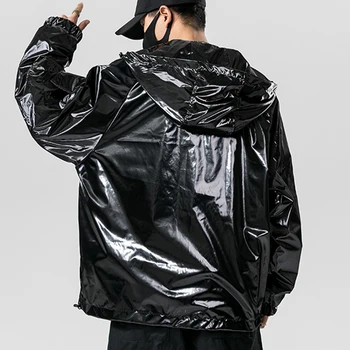 Muži Lesklé Stříbrné Bunda S Kapucí Japan Style Hip Hop Streetwear Pánská Mikina Volné Tenký Kabát 2020 Jaro Rukáv Pocket Black Bunda