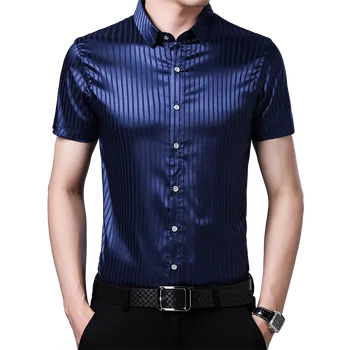 Mužské Košile 2020 Letní Módní Pruhované Hedvábné Šaty Krátký Rukáv Muži Příležitostné Office Satén Hedvábné Šaty Košile